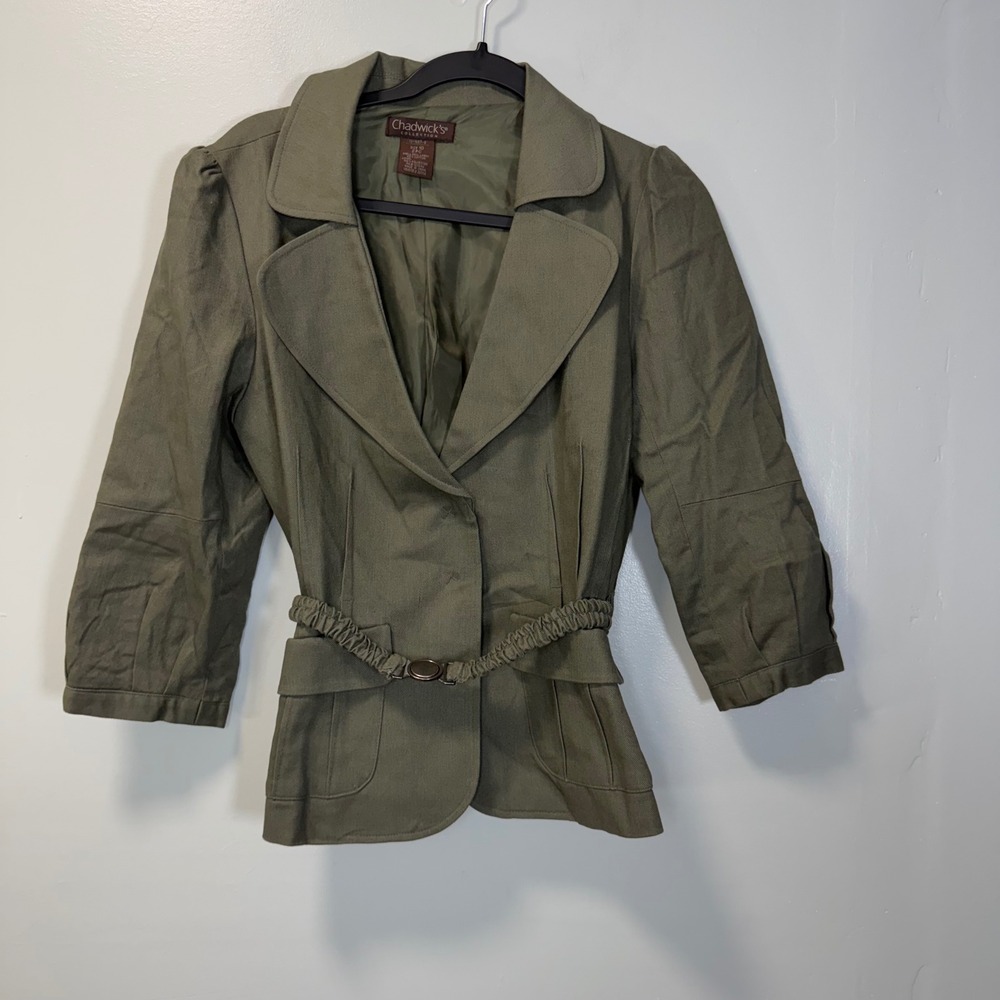 Chadwicks Collection Olive Green Linen Blend Belted Blazer Size 10